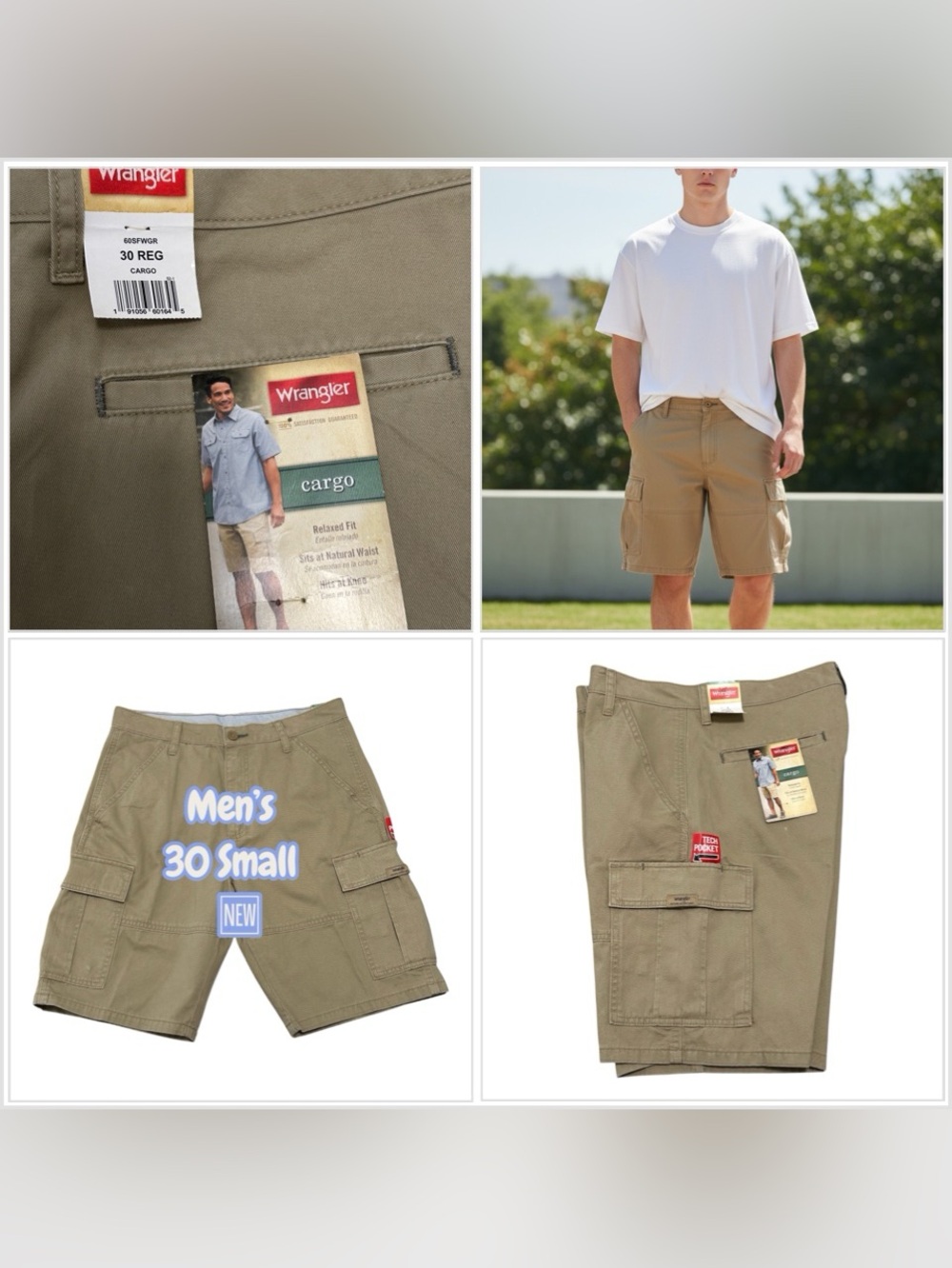 Men's Wrangler 30 Shorts Khaki Cargo Utility Carpenter Relaxed Tech Pocket NWT